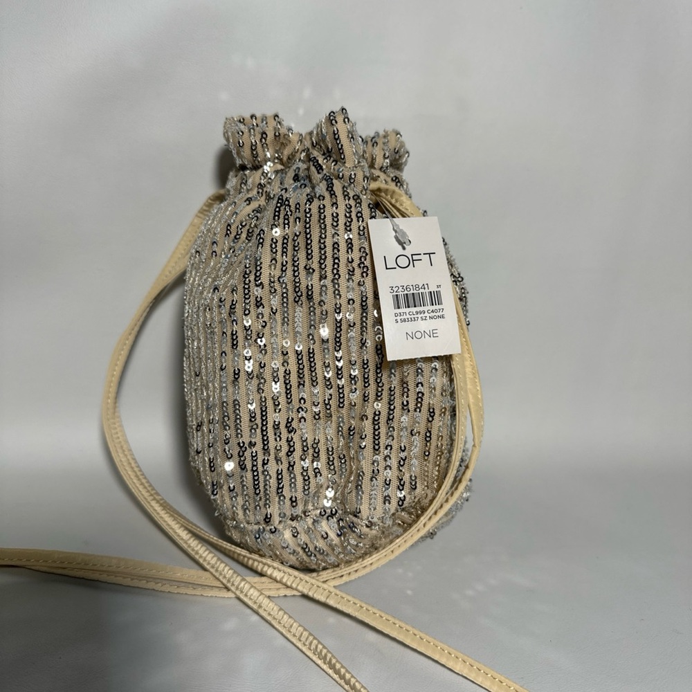 LOFT Sequin Drawstring Wristlet - Silver and Cream